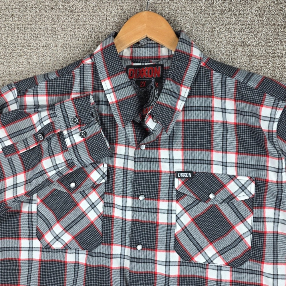 Dixxon Flannel Co The Chains Mens 2X Gray Red White Plaid Pearl Snap Shirt